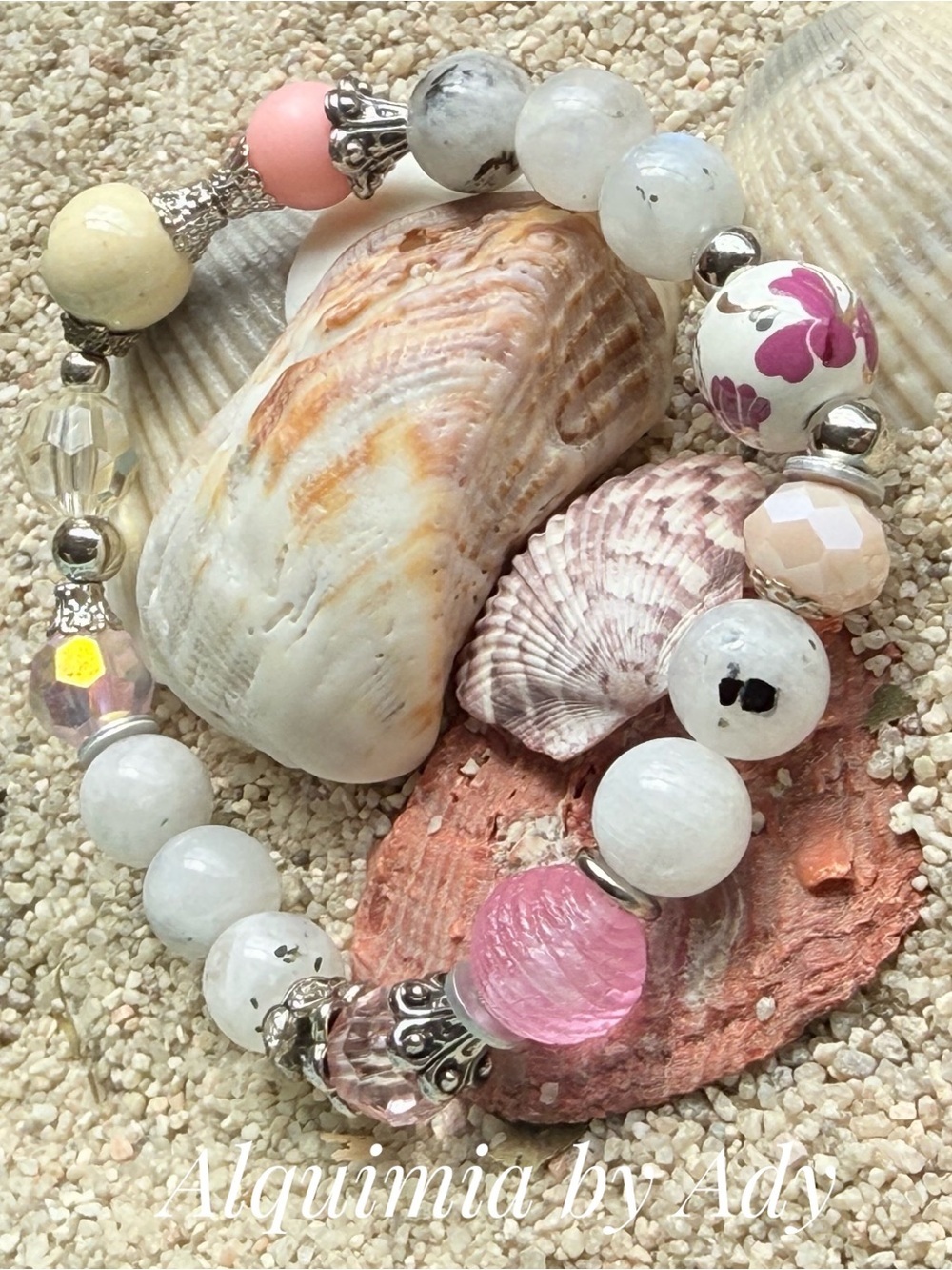 MONUMENTAL MOONSTONE , Pink & Cream Floral Bead Bracelet
